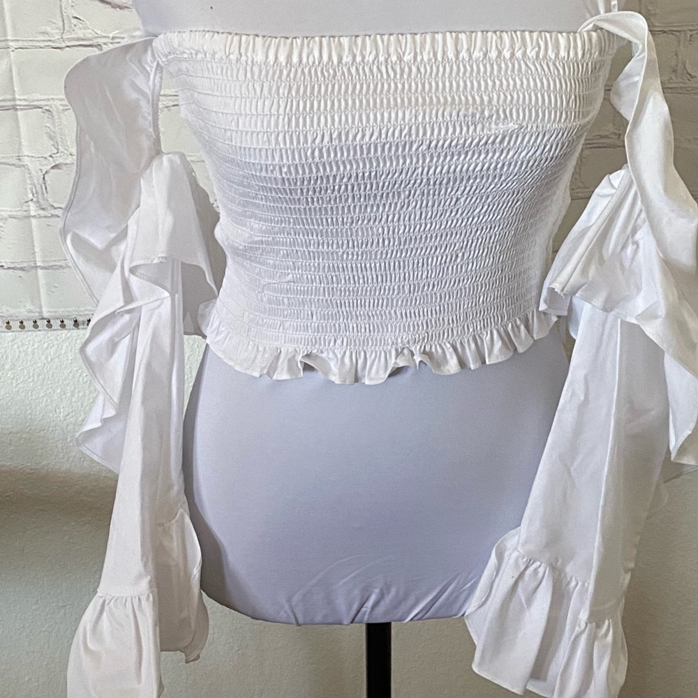 Petersyn by Revolve off-the-shoulder ruffle sleeve white smocked crop top Size S